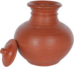 A brown earthen pot with a lid, traditionally used for storing drinking water.